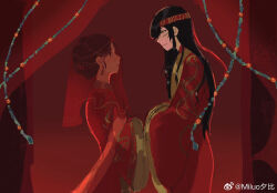 2girls alternate_universe black_hair braid bridal_veil chinese_clothes chinese_commentary commentary dress eye_contact headband honggaitou jing_wei_qing_shang long_hair long_sleeves looking_at_another miluo_xibi mongolian_clothes multiple_braids multiple_girls nangong_jingnu qiyan_agula red_dress red_headband red_veil scar scar_on_face see-through_clothes see-through_veil smile veil wedding wedding_dress weibo_watermark wide_sleeves yellow_eyes yuri