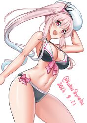 Rule 34 | 1girl, absurdres, adapted costume, beret, bikini, black bikini, blue hair, breasts, cleavage, cowboy shot, dated, front-tie bikini top, front-tie top, gradient hair, hair flaps, harusame (kancolle), hat, highres, kantai collection, katou shinobu, leaning forward, lips, medium breasts, multicolored hair, one-hour drawing challenge, pink hair, red eyes, side-tie bikini bottom, side ponytail, simple background, smile, solo, swimsuit, teeth, twitter username, white background, white hat