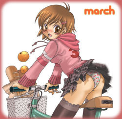 Rule 34 | 1girl, :o, back, bag, basket, bicycle, black thighhighs, blood, blush, border, bread, brown eyes, brown hair, cherry print, clothes writing, food, food print, from behind, fruit, groceries, hair ornament, hairclip, hood, hood down, hoodie, lace, lace-trimmed legwear, lace trim, leaning forward, long sleeves, looking at viewer, looking back, miniskirt, nosebleed, open mouth, orange (fruit), original, panties, pantyshot, paper bag, plaid, plaid skirt, pleated skirt, print panties, purpleworm, red border, short hair, skirt, solo, standing, straddling, sweater, thighhighs, underwear, upskirt, white background, white panties, wind, wind lift