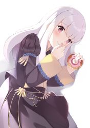 Rule 34 | 1girl, absurdres, closed mouth, commission, doughnut, fire emblem, fire emblem: three houses, food, garreg mach monastery uniform, highres, holding, long hair, long sleeves, lysithea von ordelia, nintendo, pink eyes, simple background, solo, sylux, uniform, white background, white hair