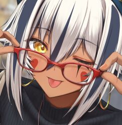 Rule 34 | 1girl, bespectacled, blue hair, casual, dark-skinned female, dark skin, earrings, facial mark, fate/grand order, fate (series), fingernails, glasses, hoop earrings, jewelry, multicolored hair, nitocris alter (fate), one eye closed, particle sfs, ribbed shirt, shirt, streaked hair, tongue, tongue out, white hair, yellow eyes