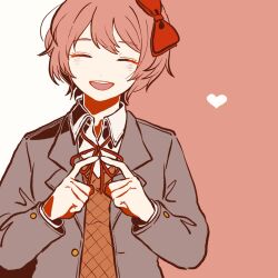 Rule 34 | 1girl, :d, blush, bow, brown vest, closed eyes, doki doki literature club, facing viewer, grey jacket, hair bow, heart, highres, index fingers together, jacket, kiri (2htkz), neck ribbon, open clothes, open jacket, open mouth, pink background, red bow, red ribbon, ribbon, sayori (doki doki literature club), smile, solo, teeth, upper teeth only, vest, white background