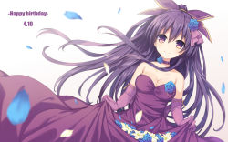 Rule 34 | 1girl, bare shoulders, blue flower, blue rose, blush, bow, breasts, choker, cleavage, commentary request, date a live, dated, dress, elbow gloves, flower, gloves, hair between eyes, hair bow, hair flower, hair ornament, happy birthday, highres, long hair, looking at viewer, medium breasts, multicolored eyes, neps-l, petals, purple bow, purple choker, purple dress, purple eyes, purple gloves, purple hair, rose, simple background, skirt hold, smile, solo, very long hair, white background, yatogami tooka, yellow eyes, yellow flower