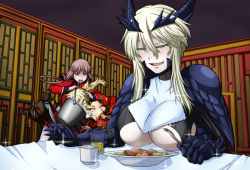 Rule 34 | 3girls, artoria pendragon (fate), artoria pendragon (lancer alter) (fate), blonde hair, breasts, bucket, cleavage, closed eyes, fate/apocrypha, fate/grand order, fate (series), female focus, florence nightingale (fate), hasebe akira, highres, large breasts, long hair, mordred (fate), mordred (fate/apocrypha), multiple girls, pantyhose, smile, table, tears, underboob