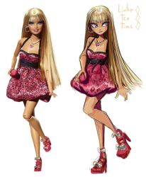 1girl animal_print barbie_(character) barbie_(franchise) blonde_hair blue_eyes breasts character_sheet dress earrings full_body highres holding hoop_earrings jewelry leopard_print linterteatime long_hair looking_at_viewer necklace pink_dress pink_lips smile tiger_print