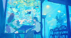 Rule 34 | 2girls, aquarium, bird, black footwear, black hair, black skirt, blouse, blue theme, boots, brown hair, ceiling light, chair, closed mouth, cafe, commentary request, feet out of frame, fish, green sweater, highres, indoors, knee boots, long hair, looking at another, multiple girls, original, penguin, shirt, skirt, smile, sweater, tabisumika, table, white shirt, white shirt