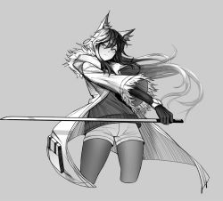 Rule 34 | 1girl, animal ear fluff, animal ears, arknights, book, closed eyes, closed mouth, coat, cropped legs, fkskii65, fur-trimmed coat, fur trim, grey background, greyscale, hair between eyes, holding, holding sword, holding weapon, pantyhose under shorts, long hair, long sleeves, monochrome, official alternate costume, open book, pantyhose, short shorts, shorts, simple background, solo, sweater, sword, texas (arknights), texas (winter messenger) (arknights), weapon, wolf ears