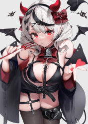 Rule 34 | 1girl, belt, bikini, bikini top only, black belt, black bikini, black jacket, black shorts, black thighhighs, black wings, blush, braid, braided bangs, breasts, chest belt, cleavage, closed mouth, commentary request, demon horns, demon tail, demon wings, fake horns, fork, grey hair, gyaru v, gyoku seisyoku, hair ornament, heart, highres, holding, holding fork, hololive, horns, jacket, large breasts, leaning forward, looking at viewer, medium hair, nail polish, o-ring, o-ring thigh strap, open clothes, open jacket, piercing, red eyes, red horns, red nails, sakamata chloe, short shorts, shorts, simple background, solo, swimsuit, tail, tail ornament, tail piercing, thick thighs, thigh strap, thighhighs, thighs, upper body, v, virtual youtuber, white background, wings, x hair ornament