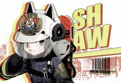 Rule 34 | 1girl, :d, arknights, bad id, bad pixiv id, barcode, black gloves, black jacket, brown hair, character name, emblem, firefighter, gloves, helmet, jacket, jacknavy, long sleeves, looking at viewer, open mouth, shaw (arknights), short hair, smile, solo, upper body