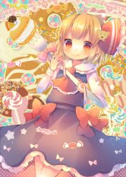 Rule 34 | 1girl, :q, blonde hair, candy, coa (chroo x), food, fork, frilled skirt, frills, hair ribbon, lollipop, oversized object, pastry, ribbon, rumia, shirt, short hair, skirt, sweets, tongue, tongue out, touhou, vest