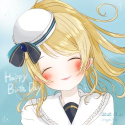 Rule 34 | 1girl, artist request, ayase eli, blonde hair, blush, closed eyes, collarbone, dress, female focus, frilled dress, frills, hair between eyes, hat, highres, long hair, looking at viewer, love live!, love live! school idol project, mayu illust, parted lips, ponytail, puffy short sleeves, puffy sleeves, shirt, short sleeves, smile, solo, white hat, white shirt