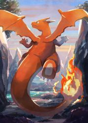 Rule 34 | charizard, claws, closed mouth, cloud, creatures (company), day, fire, fire, flame-tipped tail, flying, from behind, game freak, gen 1 pokemon, green eyes, highres, mo~zu, nintendo, no humans, outdoors, pokemon, pokemon (creature), sky, smile, solo, symbol-only commentary