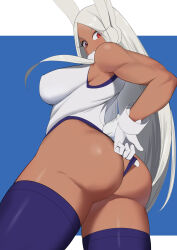 Rule 34 | 1girl, animal ears, ass, bare shoulders, blue background, boku no hero academia, breasts, butt crack, clothing cutout, dark-skinned female, dark skin, from behind, fur collar, gloves, highleg, highleg leotard, highres, kritta88, large breasts, leotard, leotard pull, letterboxed, long eyelashes, long hair, looking at viewer, mirko, parted bangs, pulled by self, purple thighhighs, rabbit ears, rabbit girl, rabbit tail, red eyes, sleeveless turtleneck leotard, solo, tail, tail through clothes, taut leotard, thick thighs, thighhighs, thighs, toned, twisted torso, very long hair, wedgie, white gloves, white hair, white leotard