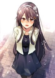Rule 34 | 1girl, black dress, black hair, black pantyhose, blush, brown eyes, collarbone, commentary, dress, hair between eyes, hair ornament, hairband, hairclip, haruna (kancolle), highres, jacket, kantai collection, katsuobushi (eba games), long hair, long sleeves, looking at viewer, open clothes, open jacket, open mouth, pantyhose, smile, solo, white hairband, white jacket