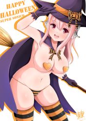 Rule 34 | 1girl, absurdres, black gloves, blush, breasts, broom, cape, dongdong, gloves, halloween, hat, headphones, heart pasties, highres, large breasts, long hair, looking at viewer, midriff, nitroplus, open mouth, panties, pasties, pink hair, smile, solo, striped clothes, striped panties, striped thighhighs, super sonico, thighhighs, underwear, witch hat