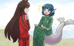 Rule 34 | 2girls, :d, animal ears, blue hair, blue sky, brown hair, commentary request, day, drill hair, fingernails, fins, green jacket, green pants, head fins, holding pants, imaizumi kagerou, jacket, long hair, long sleeves, meimaru inuchiyo, mermaid, monster girl, multiple girls, nail polish, one-hour drawing challenge, open mouth, pants, red jacket, red nails, sharp fingernails, short hair, sky, smile, touhou, track jacket, track pants, track suit, very long hair, wakasagihime, wolf ears, zipper pull tab