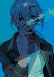 Rule 34 | 1girl, black eyes, black jacket, blue background, blue hair, blue theme, chainsaw man, cigarette, collarbone, covered mouth, expressionless, eyepatch, hair between eyes, hand up, highres, holding, holding cigarette, jacket, looking at viewer, low ponytail, medium hair, one eye covered, quanxi (chainsaw man), shirt, simple background, sketch, smoke, smoking, solo, suemare1, upper body, white shirt