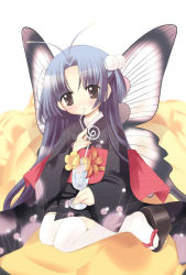 Rule 34 | 1girl, aogiri sei, blue hair, butterfly wings, clog sandals, drinking straw, flower, insect wings, japanese clothes, kimono, long hair, okobo, original, sandals, solo, thighhighs, wings