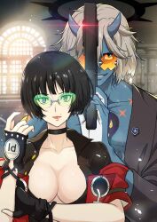 Rule 34 | 1girl, arc system works, black hair, blue eyes, breasts, choker, cleavage, collarbone, fingerless gloves, gloves, guilty gear, guilty gear strive, i-no, large breasts, mole, mole above mouth, sunglasses