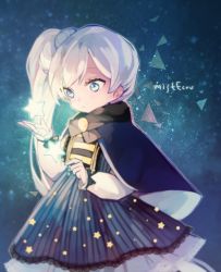 Rule 34 | 1girl, bad id, bad twitter id, blue cape, blue dress, blue eyes, cape, commentary request, dress, ecru, korean commentary, ponytail, rwby, scar, scar across eye, scar on face, solo, star (symbol), twitter username, weiss schnee, white hair, aged down