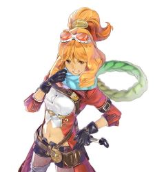 Rule 34 | 1girl, 3d, atelier (series), atelier shallie, belt, black gloves, black shorts, blue scarf, brown eyes, coat, cowboy shot, female focus, gloves, goggles, goggles on head, green scarf, grin, half updo, hidari (left side), jurie crotze, multicolored clothes, multicolored scarf, navel, official art, orange hair, pantyhose, red coat, scarf, shirt, short hair, shorts, smile, solo, thighhighs, white background, white shirt