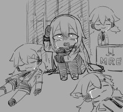 Rule 34 | 2girls, animal ears, box, cat ears, clone, closed mouth, commentary request, crying, crying with eyes open, field ration, full body, girls&#039; frontline, greyscale, hair between eyes, hairband, idw (girls&#039; frontline), jacket, long hair, looking at viewer, lying, meal, medium hair, monochrome, multiple girls, necktie, open mouth, sad, ser jeon, shorts, super sass (girls&#039; frontline), suspender shorts, suspenders, tears, twintails