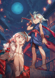 Rule 34 | 2girls, :d, architecture, bad id, bad pixiv id, bike shorts, blue kimono, braid, clog sandals, cloud, cloudy sky, earrings, east asian architecture, fox mask, full moon, grey legwear, hair ribbon, highres, holding, holding sword, holding weapon, horns, japanese clothes, jewelry, kimono, looking at viewer, mask, mask on head, moon, multiple girls, okobo, open mouth, original, over shoulder, parted lips, pointy ears, red eyes, red ribbon, ribbon, sandals, shichigatsu, short hair, single braid, single horn, sitting, sky, smile, socks, standing, sword, sword over shoulder, weapon, weapon over shoulder, white hair, white kimono