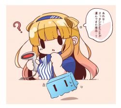 Rule 34 | 0 0, 1girl, :o, ?, barcode scanner, blonde hair, bloom2425, borrowed character, cash register, cashier, chibi, double bun, employee uniform, fletcher (kancolle), hair bun, hairband, kantai collection, lawson, long hair, one-hour drawing challenge, shirt, store clerk, striped clothes, striped shirt, twitter username, uniform, upper body, vertical-striped clothes, vertical-striped shirt, white background