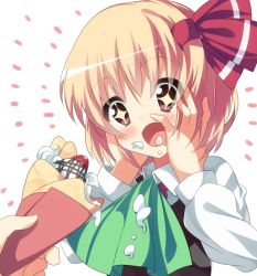 Rule 34 | + +, 1girl, bad id, bad pixiv id, blonde hair, blush, bow, crepe, female focus, food, food on face, hair bow, hair ribbon, hands on own face, happy, napkin, red eyes, ribbon, rumia, short hair, solo, sparkle, supershiruco, touhou, upper body