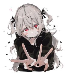 Rule 34 | 1girl, ?, absurdres, black bow, black hoodie, black nails, blush stickers, bow, closed mouth, commentary request, cropped torso, double v, ear piercing, genderswap, genderswap (mtf), grey hair, hair between eyes, hair bow, head tilt, heart, highres, hood, hood down, hoodie, kuzuha (nijisanji), long fingers, long sleeves, nail polish, nijisanji, outstretched arms, piercing, pointy ears, puffy long sleeves, puffy sleeves, red eyes, signature, simple background, sofra, solo, twitter username, two side up, upper body, v, virtual youtuber, white background