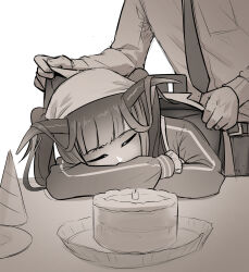 Rule 34 | 1boy, 1girl, birthday cake, blue archive, cake, candle, closed eyes, clothes blanket, covering with blanket, food, fuuka (blue archive), hair between horns, hat, head scarf, highres, horns, long hair, long sleeves, necktie, no halo, party hat, plate, scarf, senpaihawkkun, sensei (blue archive), shirt, sitting, sleeping, sleeping on desk, table