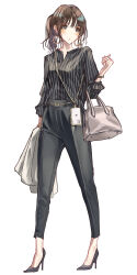 Rule 34 | armlet, bag, belt, black pants, black shirt, bracelet, brown hair, cellphone, commission, earrings, full body, head tilt, high heels, highres, holding, holding clothes, hoop earrings, iphone, jewelry, looking to the side, office lady, original, pants, phone, pink bag, pinstripe pattern, pinstripe shirt, pixiv commission, ponytail, ring, shirt, smartphone, sun (sunsun28), yellow eyes
