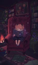 Rule 34 | 1girl, aged down, armchair, black bow, black dress, black footwear, blonde hair, book, bow, chair, commentary, covered mouth, dress, english commentary, fire, fireplace, fischl (genshin impact), flower, genshin impact, green eyes, hair bow, highres, holding, holding book, indoors, kiwiiri, multicolored hair, on chair, open book, photo (object), picture frame, purple flower, shoes, solo, two-tone hair