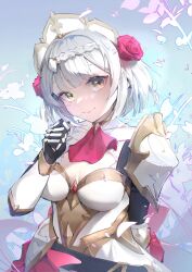 Rule 34 | 1girl, absurdres, armor, ascot, braid, breasts, cleavage, closed mouth, commentary, floral background, flower, genshin impact, green eyes, grey hair, hair flower, hair ornament, hand up, head tilt, highres, jinribbit, looking at viewer, maid headdress, medium breasts, noelle (genshin impact), red ascot, red flower, red rose, rose, short hair, shoulder armor, smile, solo, upper body