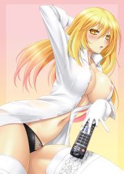 Rule 34 | + +, 1girl, areola slip, arm up, ayato, black panties, blonde hair, blush, breasts, controller, dress shirt, elbow gloves, gloves, gradient background, highres, large breasts, lingerie, long hair, looking at viewer, no bra, no pants, open clothes, panties, parted lips, remote control, shirt, shokuhou misaki, solo, symbol-shaped pupils, taut clothes, taut shirt, thighhighs, toaru kagaku no railgun, toaru majutsu no index, underwear, white gloves, white thighhighs, yellow eyes