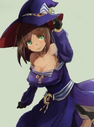 Rule 34 | 1girl, alice gear aegis, black gloves, breasts, brown hair, dark-skinned female, dark skin, gloves, green eyes, hat, highres, holding, holding clothes, holding hat, jewelry, kaneshiya sitara, large breasts, looking at viewer, ring, robe, simple background, smile, solo, star (symbol), wizard hat, yohane