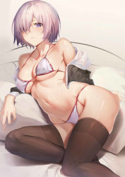 Rule 34 | 1girl, bad id, bad twitter id, bikini, black thighhighs, blush, breasts, cleavage, closed mouth, collarbone, fate/grand order, fate (series), grey jacket, hair over one eye, jacket, large breasts, light purple hair, looking at viewer, mash kyrielight, mash kyrielight (swimsuit of perpetual summer), navel, off shoulder, official alternate costume, open clothes, open jacket, purple eyes, short hair, simple background, sola (solo0730), solo, swimsuit, thighhighs, thighs, white bikini