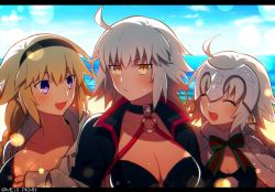 Rule 34 | 3girls, ahoge, beach, bikini, bikini top only, black bikini, black jacket, blonde hair, blue eyes, blush, braid, breasts, choker, cleavage, closed eyes, collarbone, commentary request, embarrassed, fate/grand order, fate (series), hairband, hood, jacket, jeanne d&#039;arc alter (swimsuit berserker) (fate), jeanne d&#039;arc (fate), jeanne d&#039;arc (ruler) (fate), jeanne d&#039;arc (swimsuit archer) (fate), jeanne d&#039;arc (swimsuit archer) (first ascension) (fate), jeanne d&#039;arc alter (fate), jeanne d&#039;arc alter (swimsuit berserker) (fate), jeanne d&#039;arc alter santa lily (fate), jeanne d&#039;arc alter santa lily (summer little) (fate), large breasts, long hair, looking at another, looking at viewer, meiji ken, multiple girls, o-ring, open mouth, outdoors, shrug (clothing), silver hair, single braid, sky, smile, swimsuit, twitter username, upper body, very long hair, yellow eyes