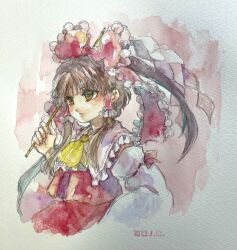 Rule 34 | 1girl, absurdres, bow, brown eyes, brown hair, closed mouth, dated, detached sleeves, frilled bow, frilled hair tubes, frilled shirt collar, frills, from side, front ponytail, hair bow, hair ribbon, hair tubes, hakurei reimu, highres, one-hour drawing challenge, painting (medium), red bow, red ribbon, ribbon, ribbon-trimmed sleeves, ribbon trim, shiroma (mamiko), touhou, traditional media, watercolor (medium), white background