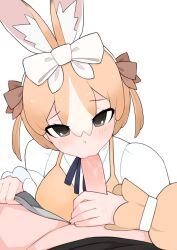 1boy 1girl animal_ear_fluff animal_ears black_bow black_bowtie blush bow bowtie brown_bow collared_shirt commentary_request domestic_rabbit_(kemono_friends) fellatio hair_between_eyes hair_bow hetero highres illu_(illu_stratos) kemono_friends light_brown_hair looking_at_viewer multicolored_hair oral penis rabbit_ears rabbit_girl shirt short_hair simple_background solo_focus two-tone_hair two_side_up uncensored upper_body vest white_background white_bow white_hair white_shirt yellow_vest