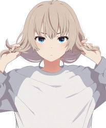 Rule 34 | 1girl, :&lt;, blue eyes, blush, closed mouth, eyebrows hidden by hair, hands up, holding, holding own hair, looking at viewer, mattaku mousuke, original, shirt, simple background, solo, twitter username, upper body, white background, white shirt