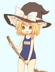 Rule 34 | 1girl, bad id, bad pixiv id, batta (ijigen debris), between legs, blonde hair, bow, broom, female focus, hair bow, hat, hat bow, kirisame marisa, one-piece swimsuit, open mouth, school swimsuit, smile, solo, swimsuit, touhou, witch hat