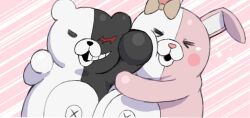 Rule 34 | bow, danganronpa (series), danganronpa 2: goodbye despair, ear bow, face punch, highres, in the face, looking at viewer, monokuma, monomi (danganronpa), no humans, open mouth, orange bow, pink background, punching, ranf, teeth, upper body, white background
