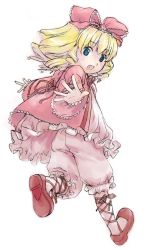 Rule 34 | 00s, 1girl, ankle ribbon, blonde hair, bloomers, blue eyes, bow, dress, drill hair, full body, hair ribbon, hinaichigo, irigomame, leg ribbon, looking at viewer, looking back, open mouth, outstretched arms, pink bloomers, pink bow, pink dress, ribbon, rozen maiden, running, shoes, short hair, simple background, smile, solo, spread arms, underwear, white bloomers
