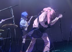 Rule 34 | 2girls, artist name, black skirt, black socks, blue hoodie, bocchi the rock!, commentary, electric guitar, english commentary, feet out of frame, gotoh hitori, guitar, cube hair ornament, hair ornament, highres, holding, hood, hood down, hoodie, instrument, jacket, kneehighs, light particles, long hair, long sleeves, messy hair, microphone stand, multiple girls, music, nyansky, pants, pants under skirt, pink hair, pink jacket, pink pants, playing instrument, pleated skirt, red footwear, short hair, skirt, socks, stage, standing, track jacket, yamada ryo