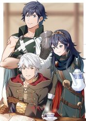 Rule 34 | 1girl, 2boys, ameno (a meno0), armor, belt, black robe, black sweater, blue cape, blue eyes, blue gloves, blue hair, book, brown belt, brown eyes, brown gloves, cape, chrom (fire emblem), closed mouth, crossed arms, cup, father and daughter, fingerless gloves, fire emblem, fire emblem awakening, gloves, grey shirt, grin, highres, holding, holding cup, holding quill, holding teapot, indoors, jewelry, long hair, long sleeves, lucina (fire emblem), multiple boys, muscular, muscular male, nintendo, open book, open clothes, open robe, quill, red cape, ribbed sweater, robe, robin (fire emblem), robin (male) (fire emblem), shirt, short hair, shoulder armor, sitting, smile, steam, sweater, table, teacup, teapot, tiara, turtleneck, turtleneck sweater, two-tone cape, white cape, white hair