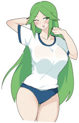 Rule 34 | 1girl, absurdres, blush, breasts, buruma, collarbone, cowboy shot, female focus, green eyes, green hair, gym uniform, highres, kid icarus, large breasts, long hair, matching hair/eyes, nintendo, one eye closed, open mouth, palutena, parted bangs, shirt, short sleeves, simple background, smile, solo, sportswear, sweat, t-shirt, thigh gap, thighs, white-stew, white background, white shirt, wink