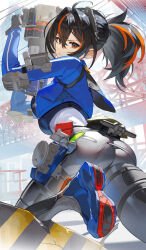 Rule 34 | 1girl, ass, black gloves, black hair, black pants, blue footwear, blue jacket, breasts, closed mouth, duplicate, gloves, hair between eyes, high-waist pants, holding, holding weapon, jacket, large breasts, long sleeves, looking at viewer, metal hairband, multicolored hair, orange eyes, orange hair, outdoors, pants, pixel-perfect duplicate, police, police uniform, policewoman, ponytail, scottie (phantom2), shoes, short hair, solo, streaked hair, tight clothes, tight pants, two-tone hair, weapon, zenless zone zero, zhu yuan