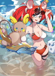 Rule 34 | alolan form, alolan raichu, animal ears, black hair, breasts, cleavage, collarbone, creatures (company), crossover, game freak, gen 7 pokemon, hakos baelz, highres, hololive, hololive english, large breasts, mouse ears, mouse girl, mouse tail, multicolored hair, navel, nintendo, pokemon, red hair, stomach, streaked hair, tail, taiyo sketches, thigh strap, thighs, twintails, virtual youtuber, white hair