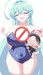 Rule 34 | &lt;|&gt; &lt;|&gt;, 2girls, ahoge, animated, animated gif, black shirt, blue archive, blue one-piece swimsuit, blush, bouncing breasts, breasts, closed eyes, cowboy shot, flying sweatdrops, hair between eyes, halo, hands up, hat, head wings, highres, holding, holding sign, koharu (blue archive), large breasts, long hair, multiple girls, one-piece swimsuit, open mouth, piao mao, pink hair, pixel art, shirt, sign, simple background, smile, swimsuit, very long hair, white background, wings, yellow halo, yume (blue archive)
